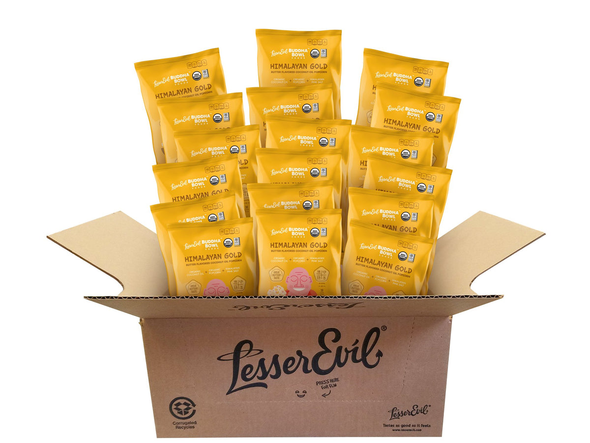 LesserEvil front packaging showing single-serve snack bags and clean ingredients for mindful snacking