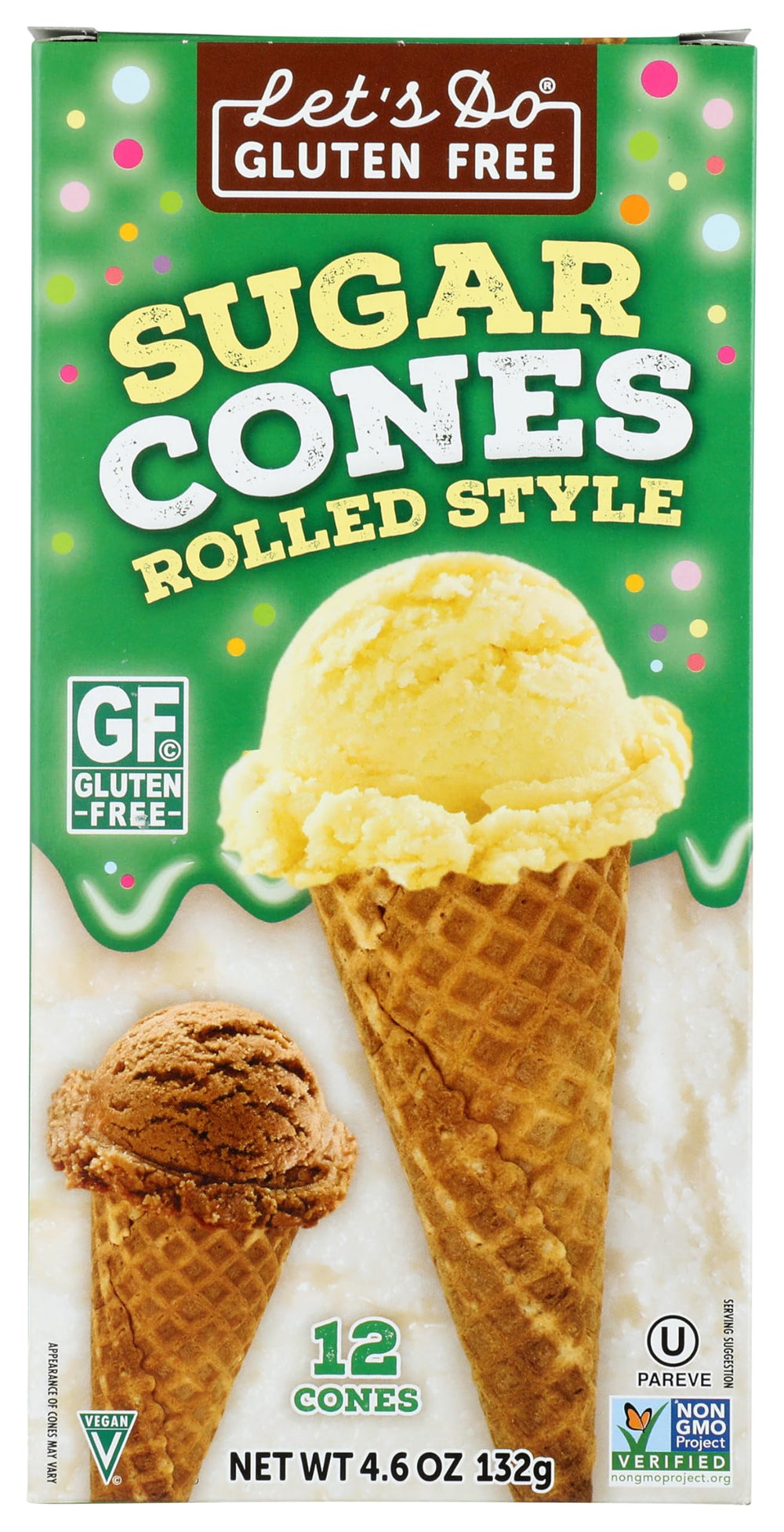 Let's Do Gluten Free front packaging showing cones and clear product view for trusted crunch