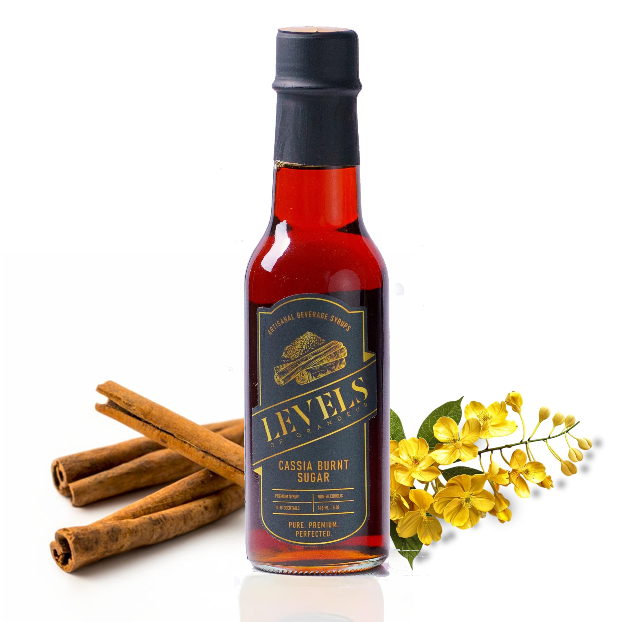 Levels of Grandeur front bottle showing label and premium glass — elegant presentation