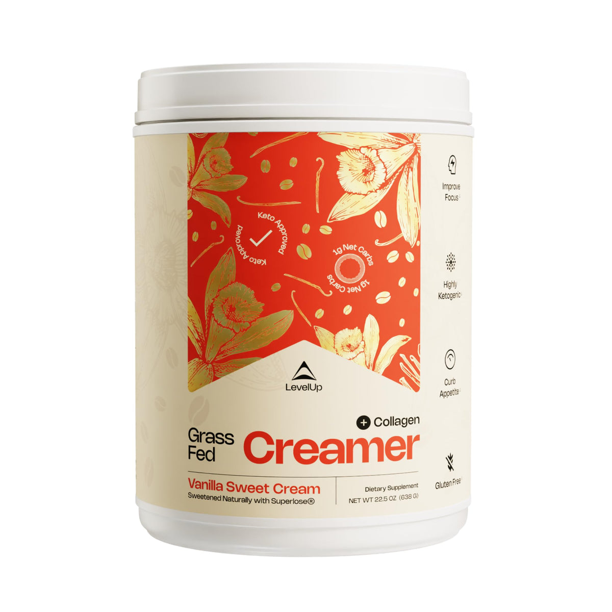 LevelUp jar front view showing vanilla sweet cream label and benefits