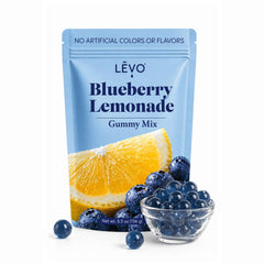 LEVO front packaging showing Blueberry Lemonade mix and portion count, clear benefit for DIY gummies