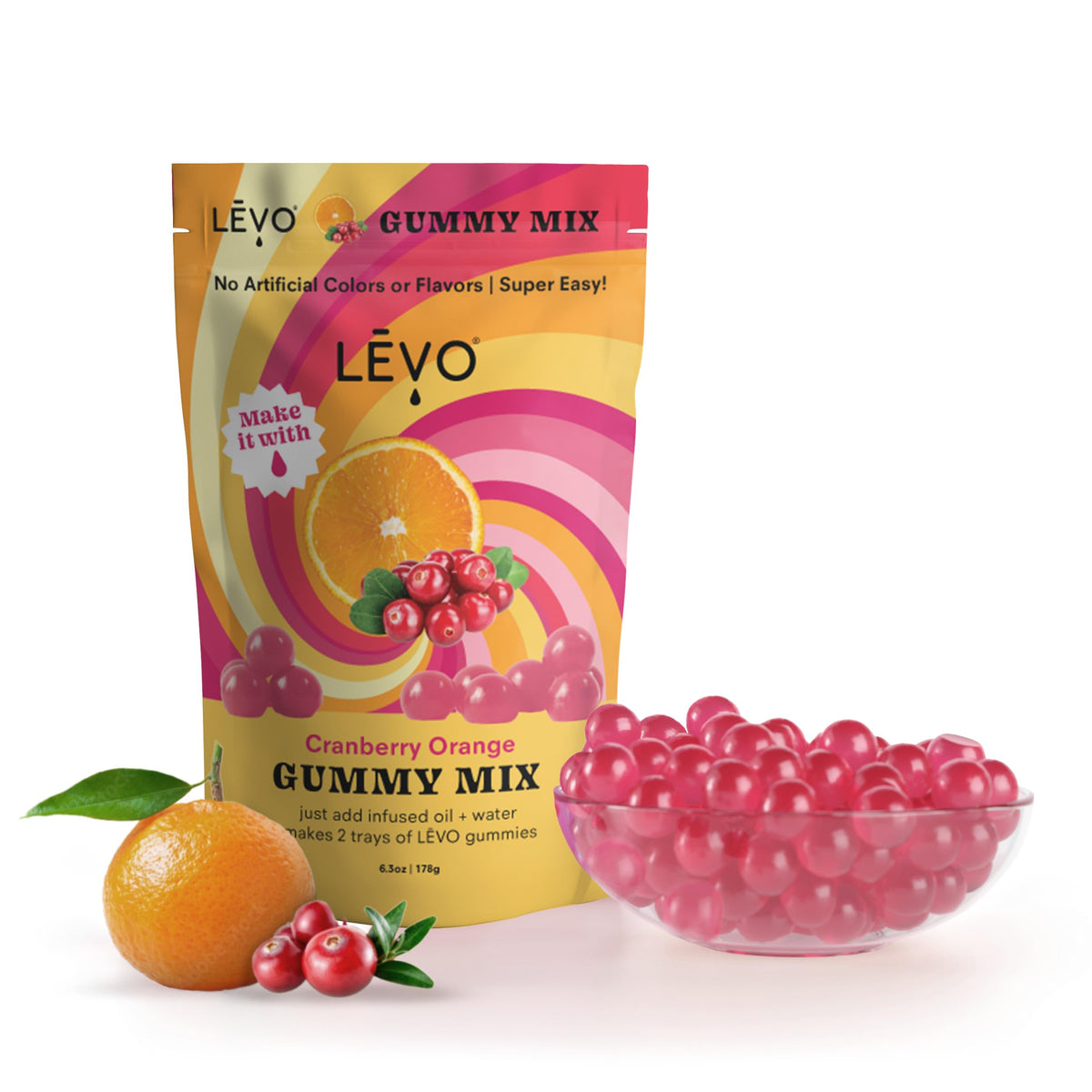 LEVO front packaging of Cranberry Orange gummy mix shows flavor and yield benefits