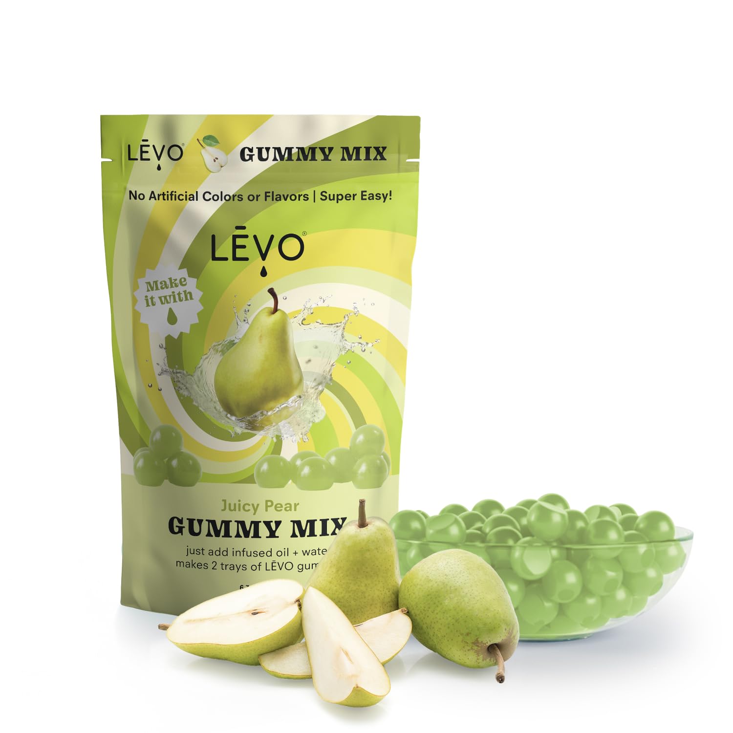 close-up of LĒVO Juicy Pear powder texture highlighting easy mixing benefit