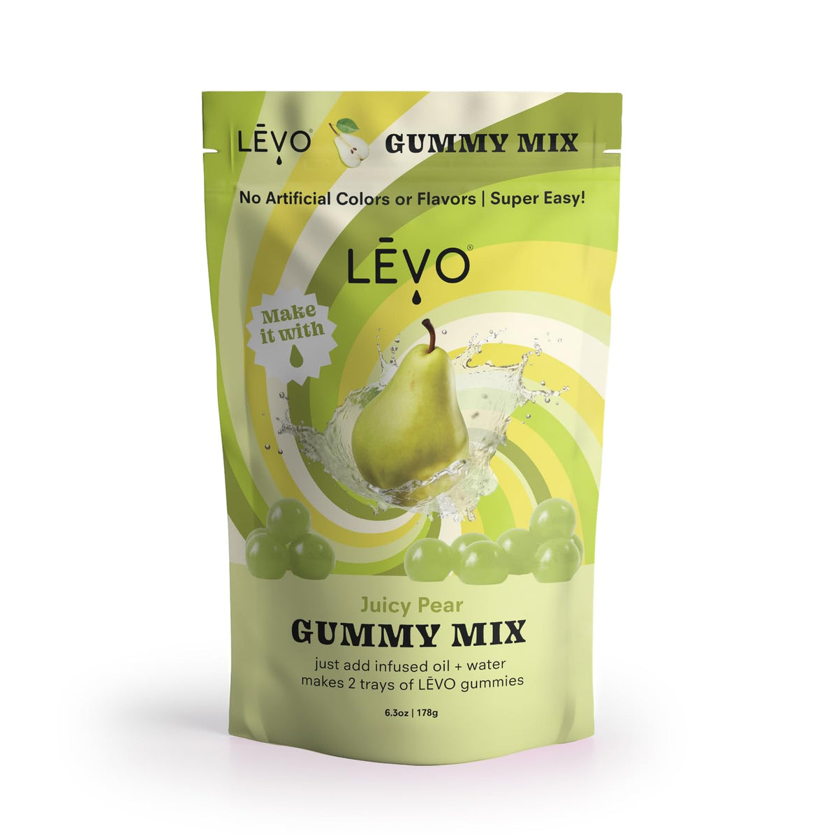 LĒVO Juicy Pear pack front showing product branding and yield benefits