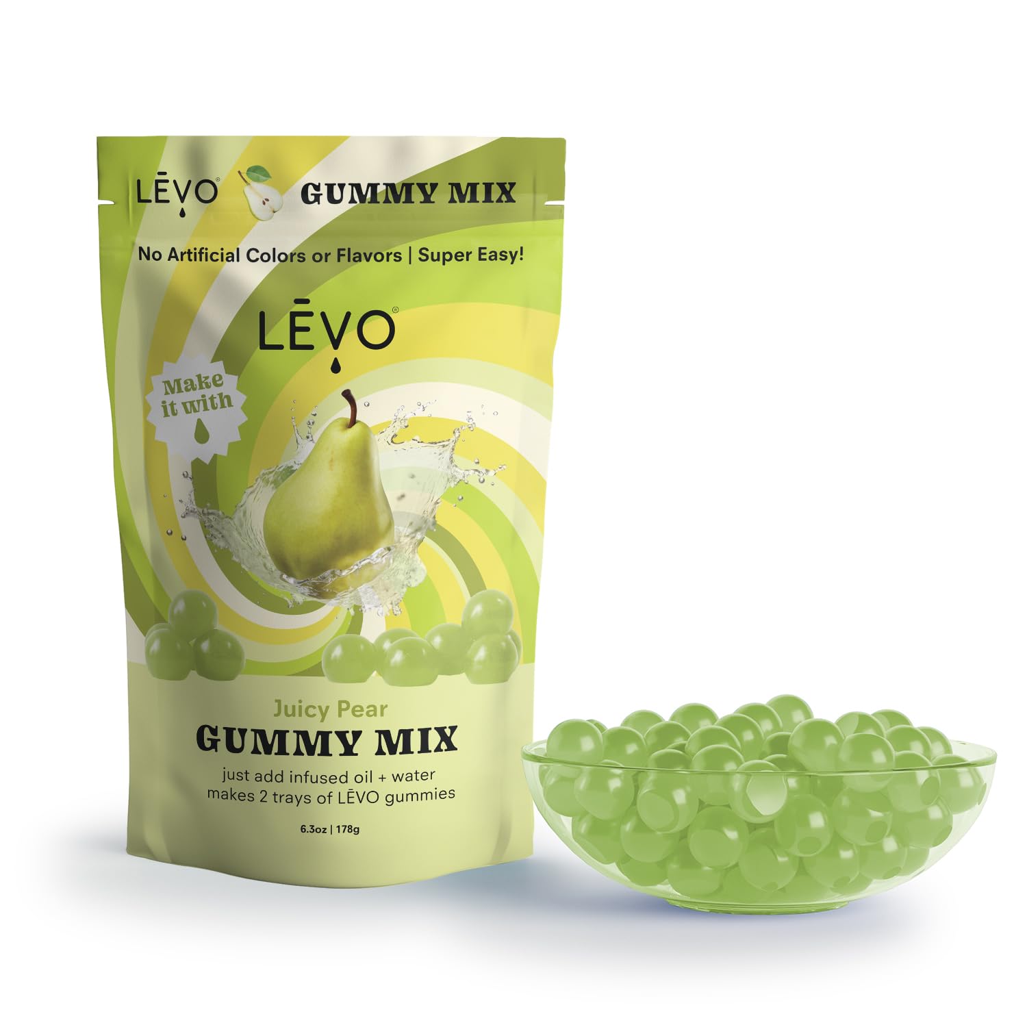 gummies next to a measuring spoon illustrating portion control with LĒVO