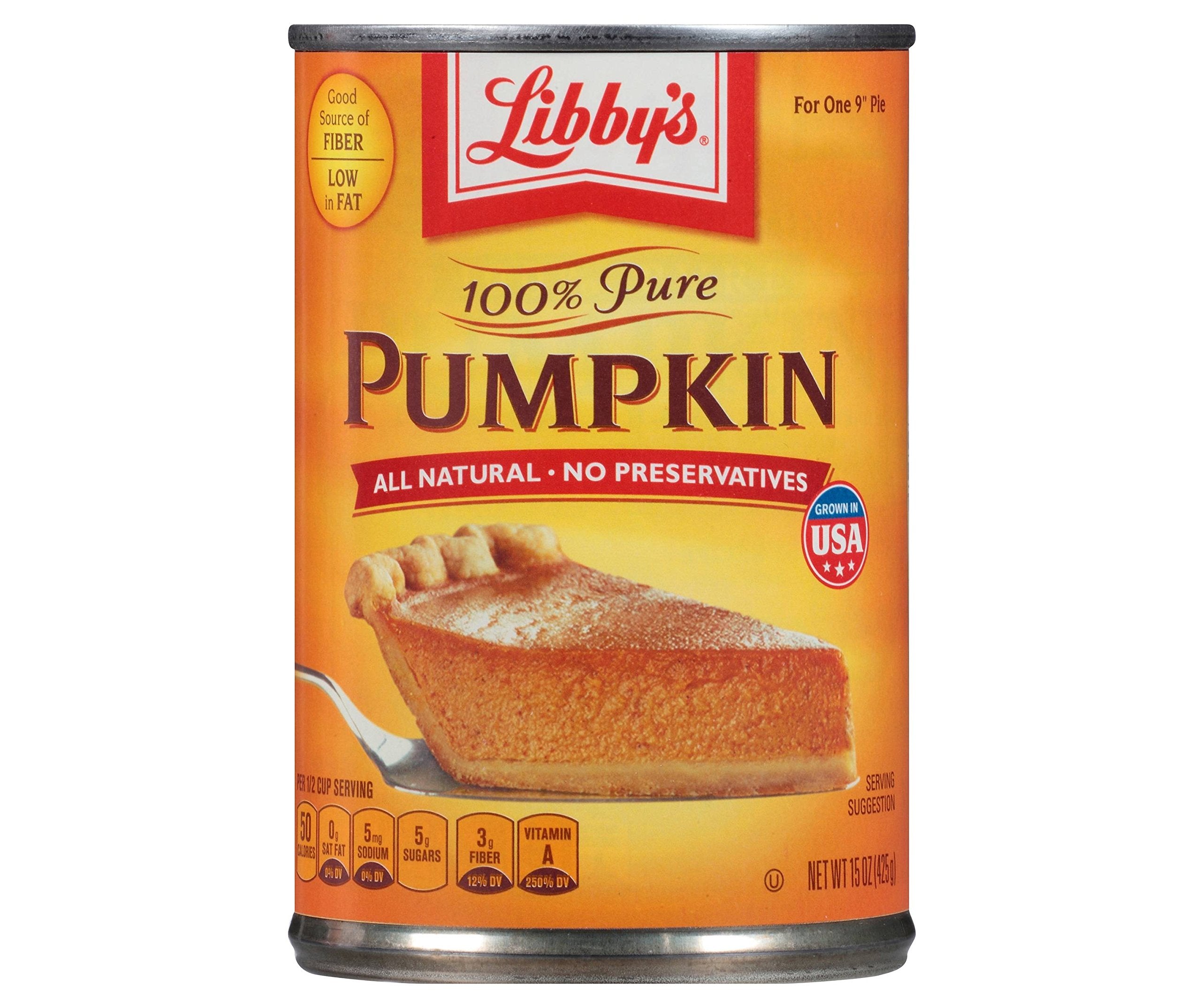 Libby's opened can close-up of smooth pumpkin purée showing creamy texture