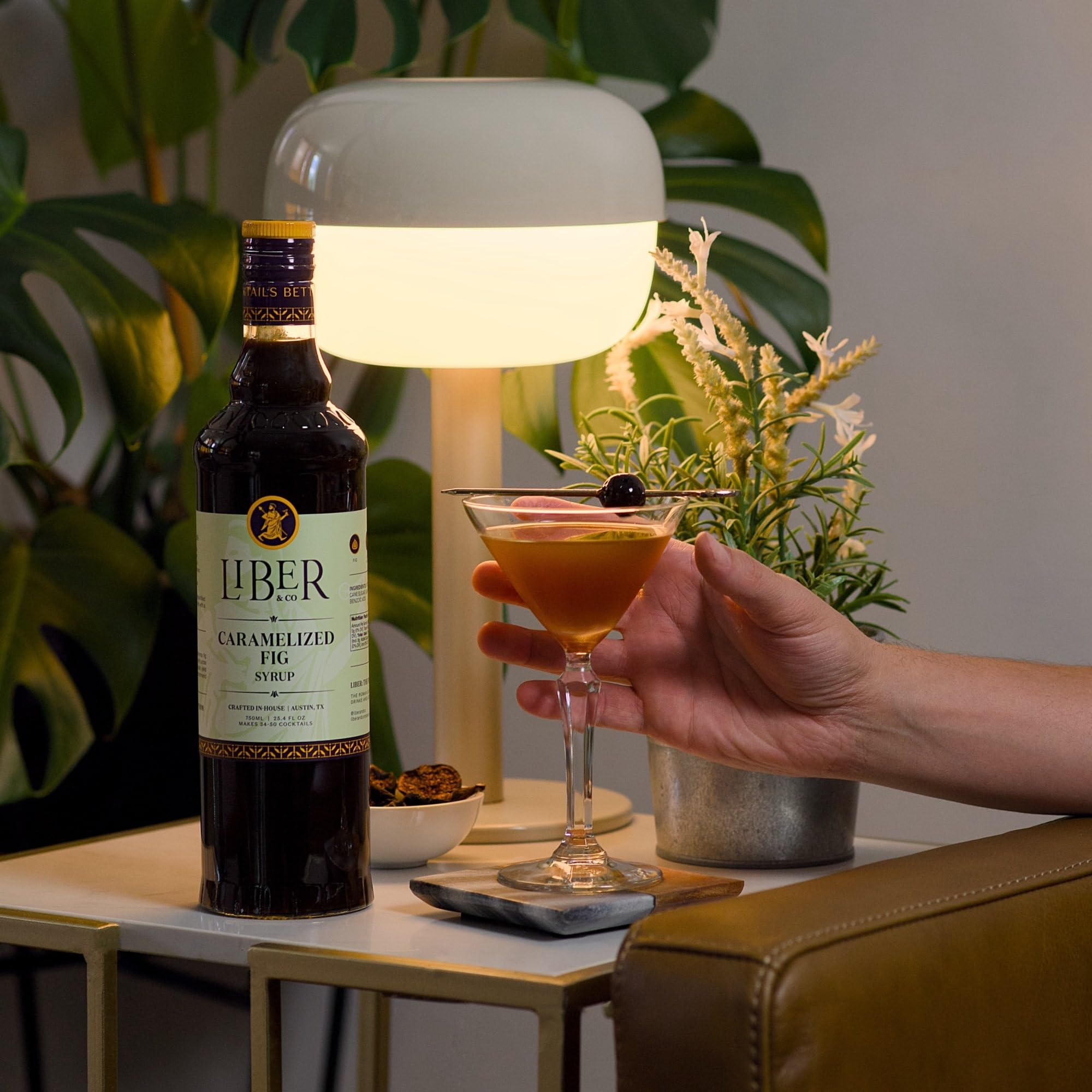 Old Fashioned cocktail made with Liber & Co. fig syrup demonstrating deep color and balanced flavor