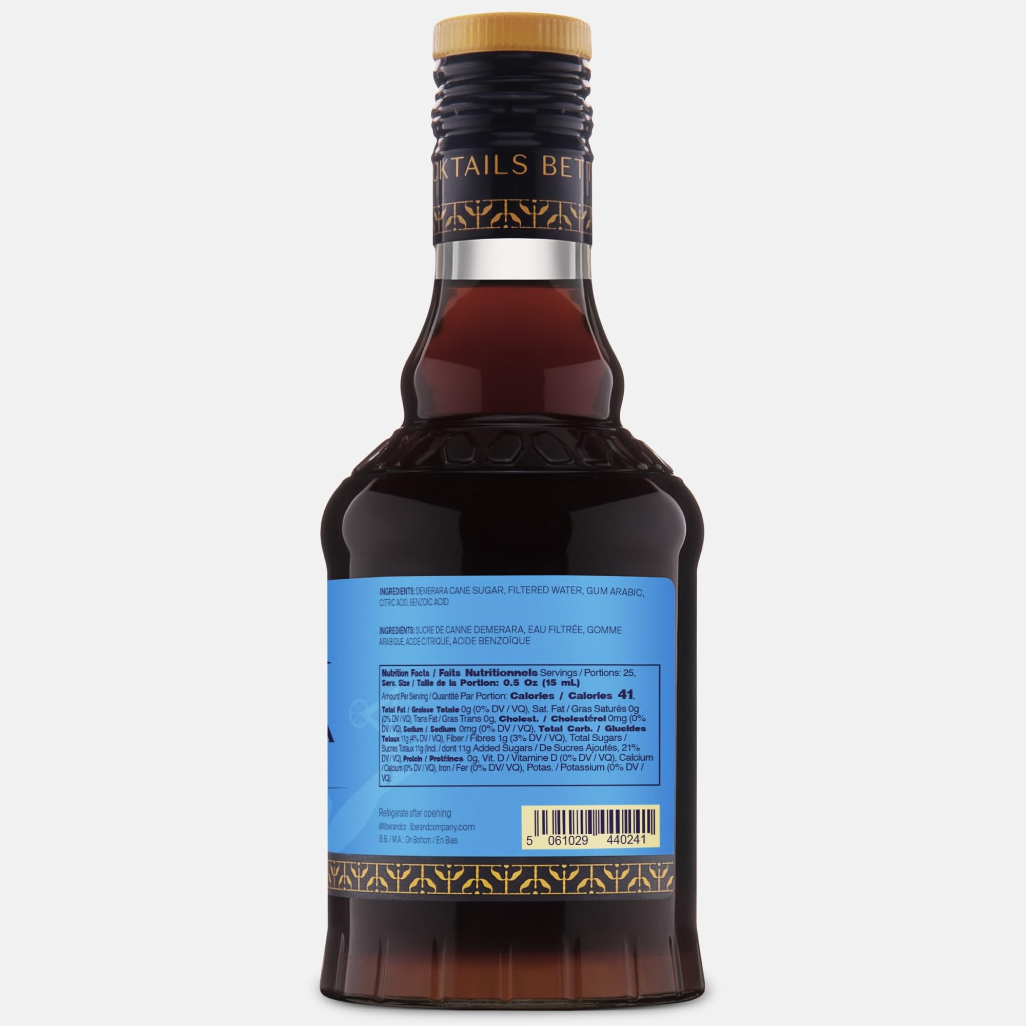 Liber & Co. bottle next to measuring jigger showing concentrated yield benefit