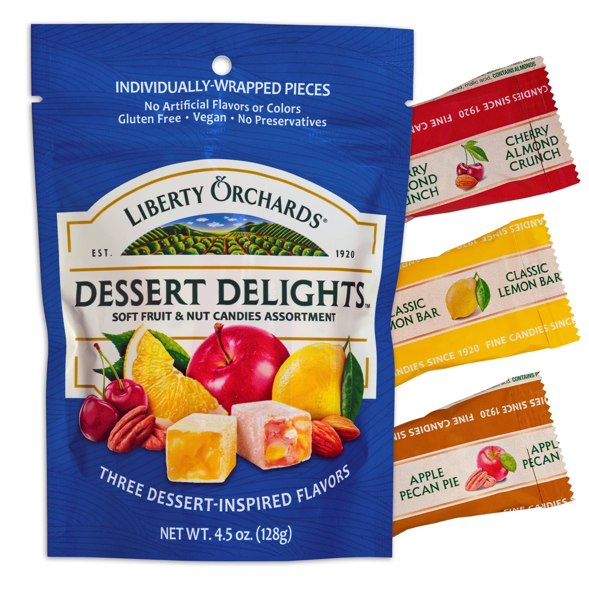 Liberty Orchards front packaging showing 4.5oz vegan dessert delights, ready to snack