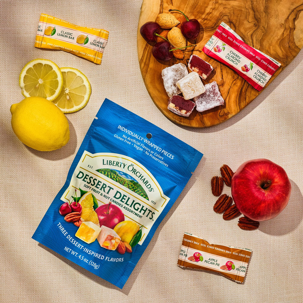Liberty Orchards open bag with individually wrapped candies, convenient portioning benefit