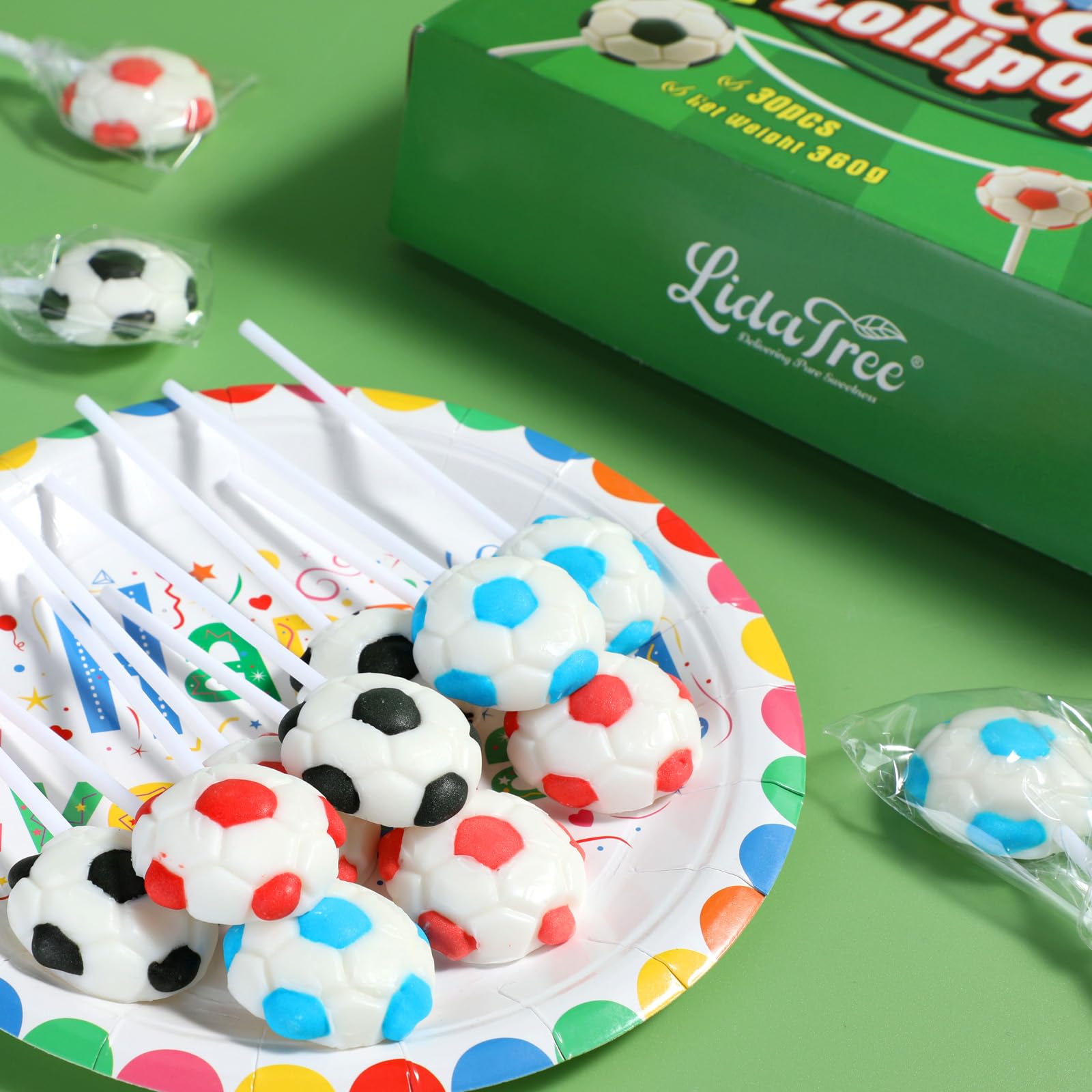 LIDATREE party table with jars of soccer lollipops enhancing themed displays