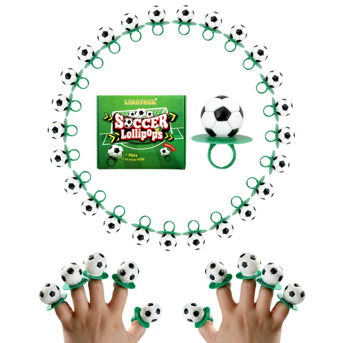 LIDATREE front packaging showing 30-count soccer ring lollipops, ideal for parties