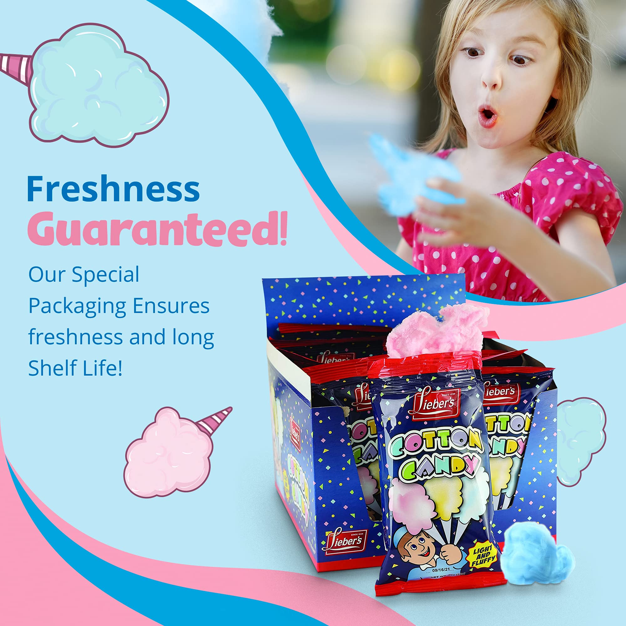 Opened Lieber's 0.8 oz bag with visible cotton candy ready to serve at events