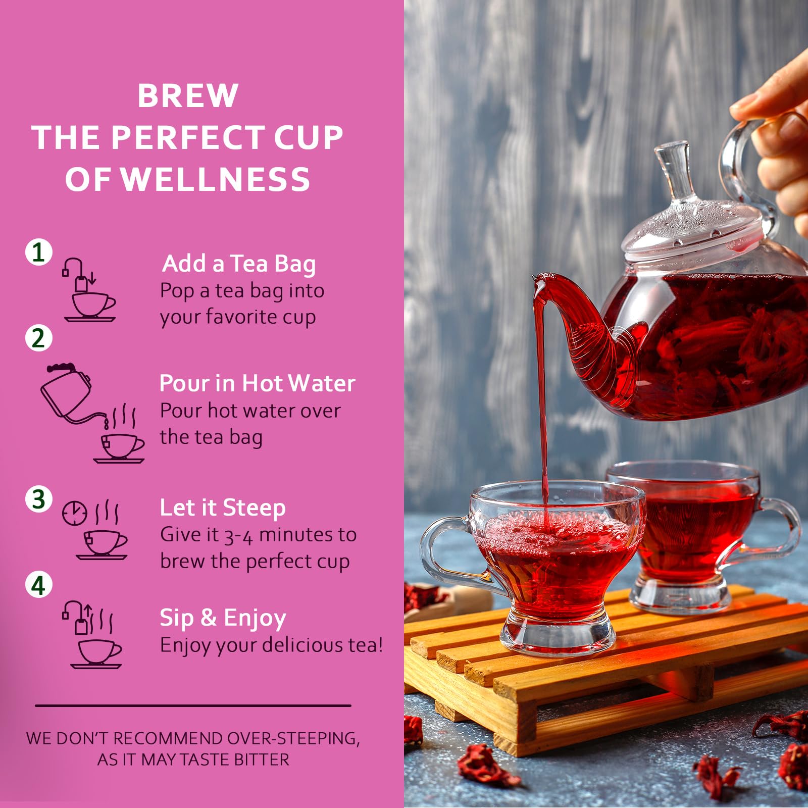 Life Plus Style Gourmet close-up of green tea leaves, rosehip and hibiscus petals, shows natural ingredients