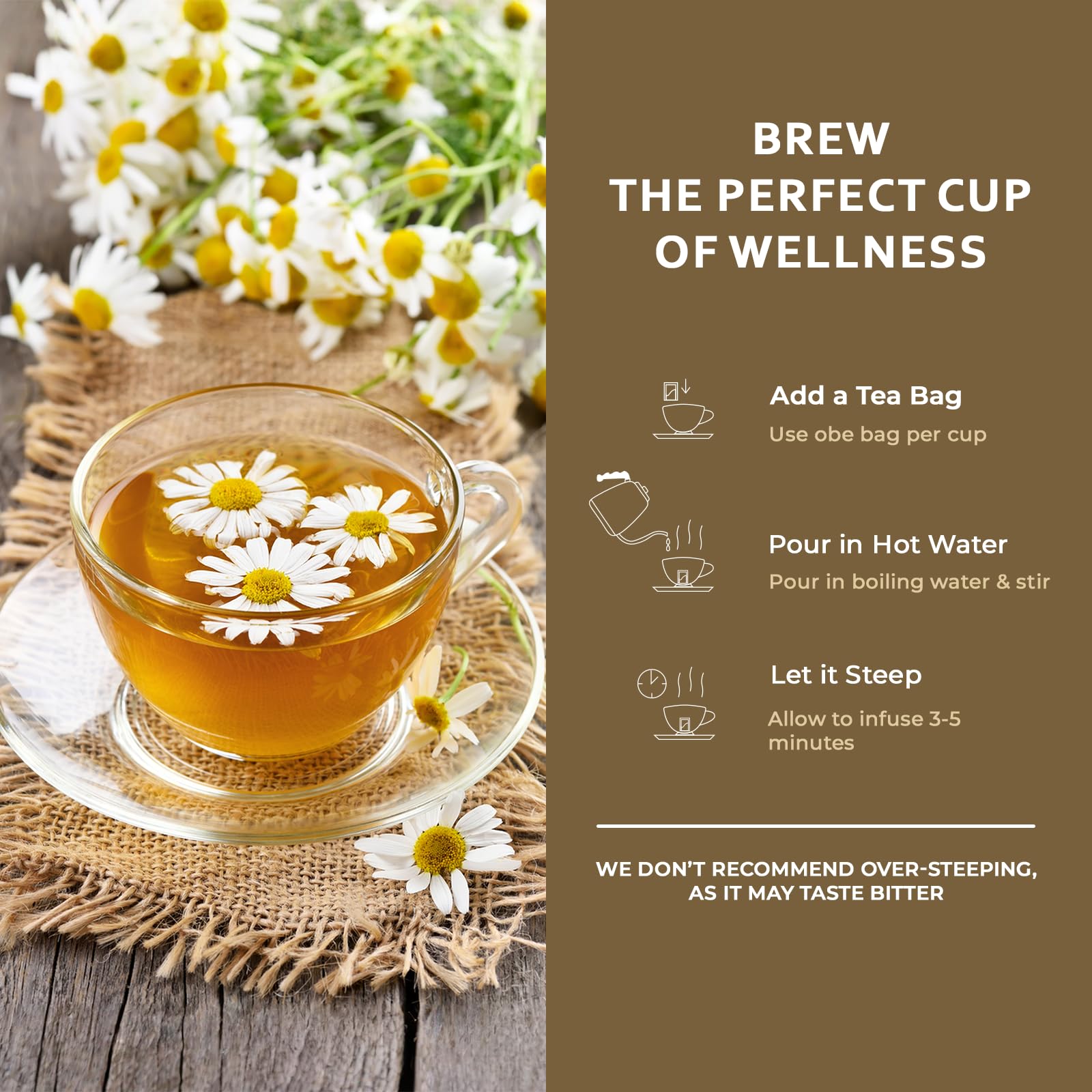 Life Plus Style Gourmet chamomile and green tea leaves detail, showcases natural ingredients