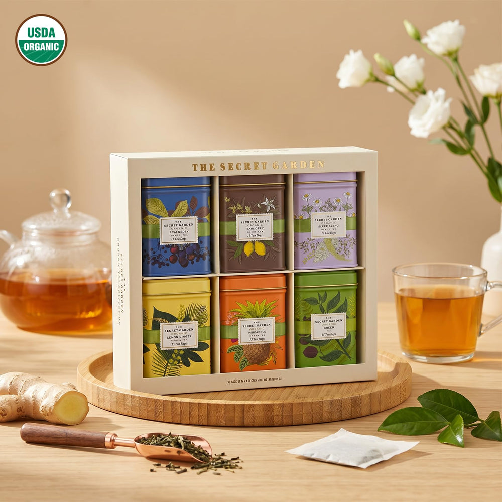 Life Plus Style Gourmet open tin with neatly arranged individually wrapped tea bags for freshness