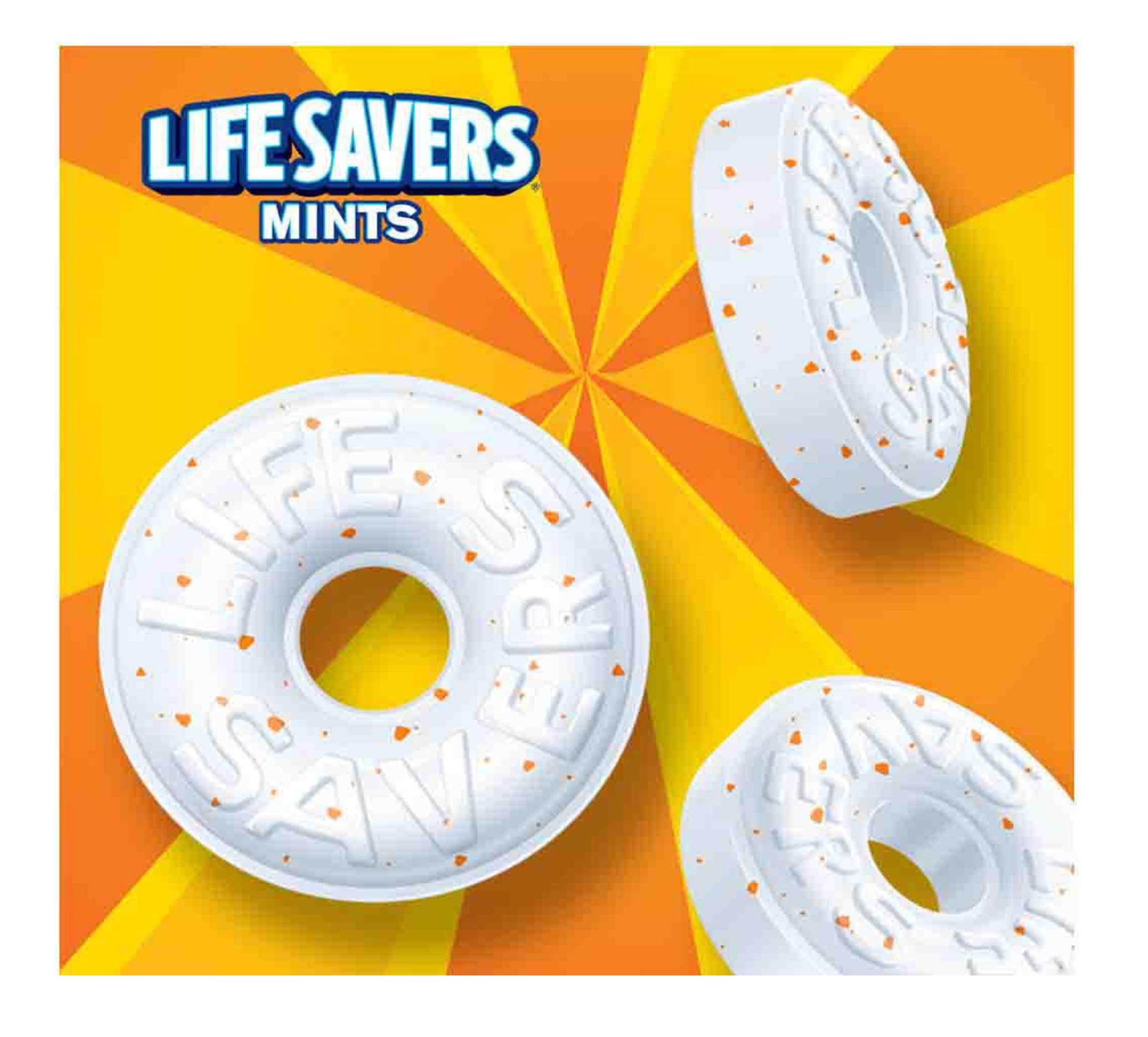 Life Savers open bag spilling orange mints for easy serving
