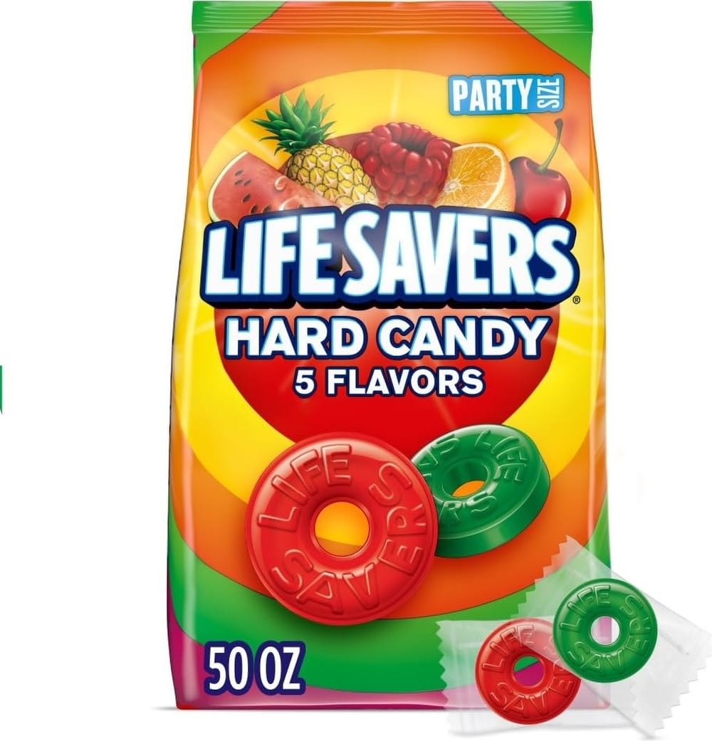 Life Savers front packaging showing 50 oz party size and colorful rings for easy sharing