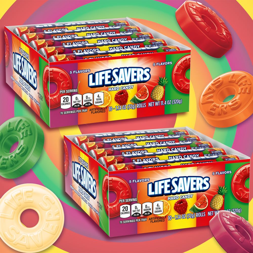 Life Savers roll close-up displaying texture and wrapper detail for freshness