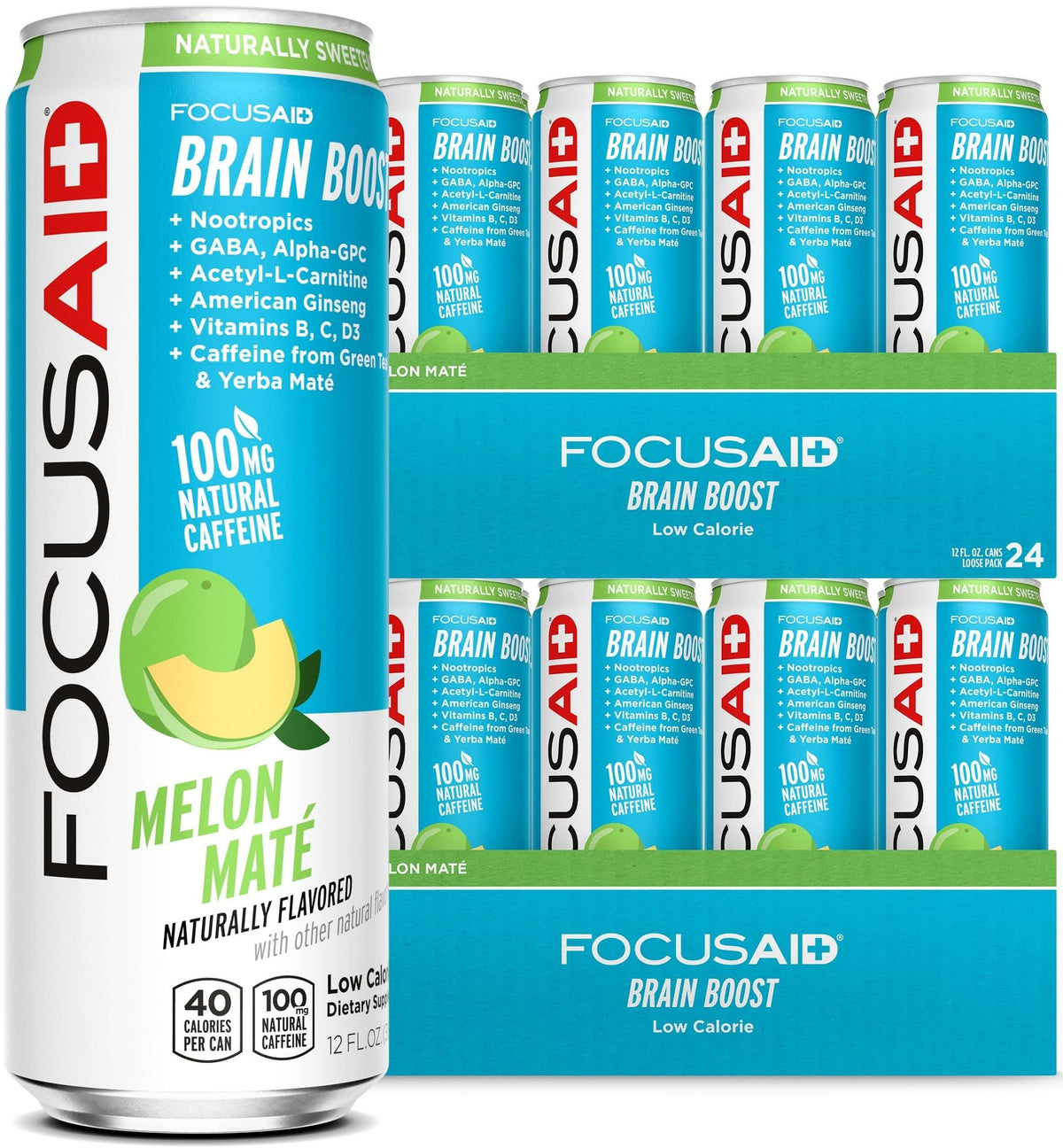 LIFEAID FOCUSAID front can view showing melon maté flavor for clean energy