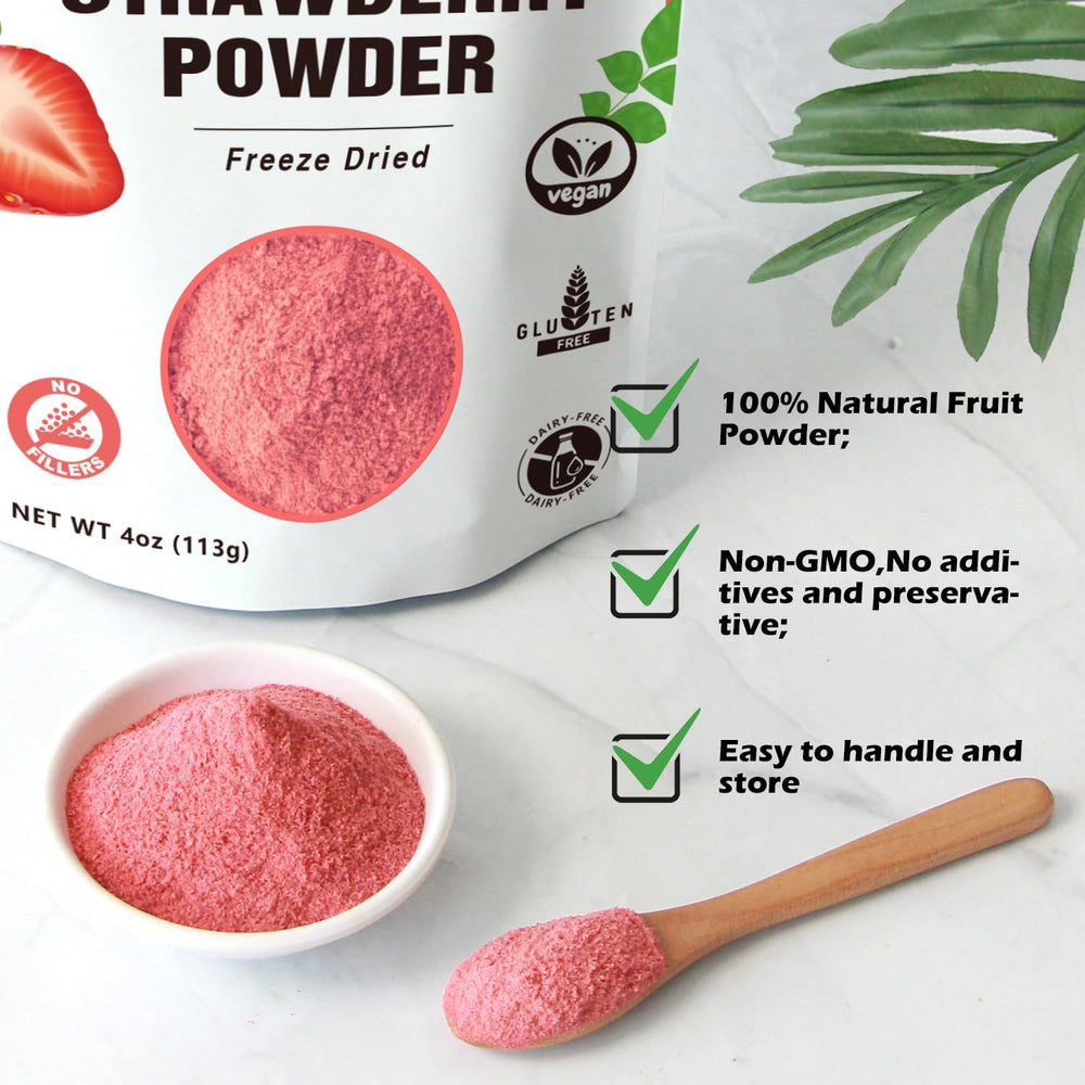 Lifebooil strawberry powder dusted on baked goods for color and taste