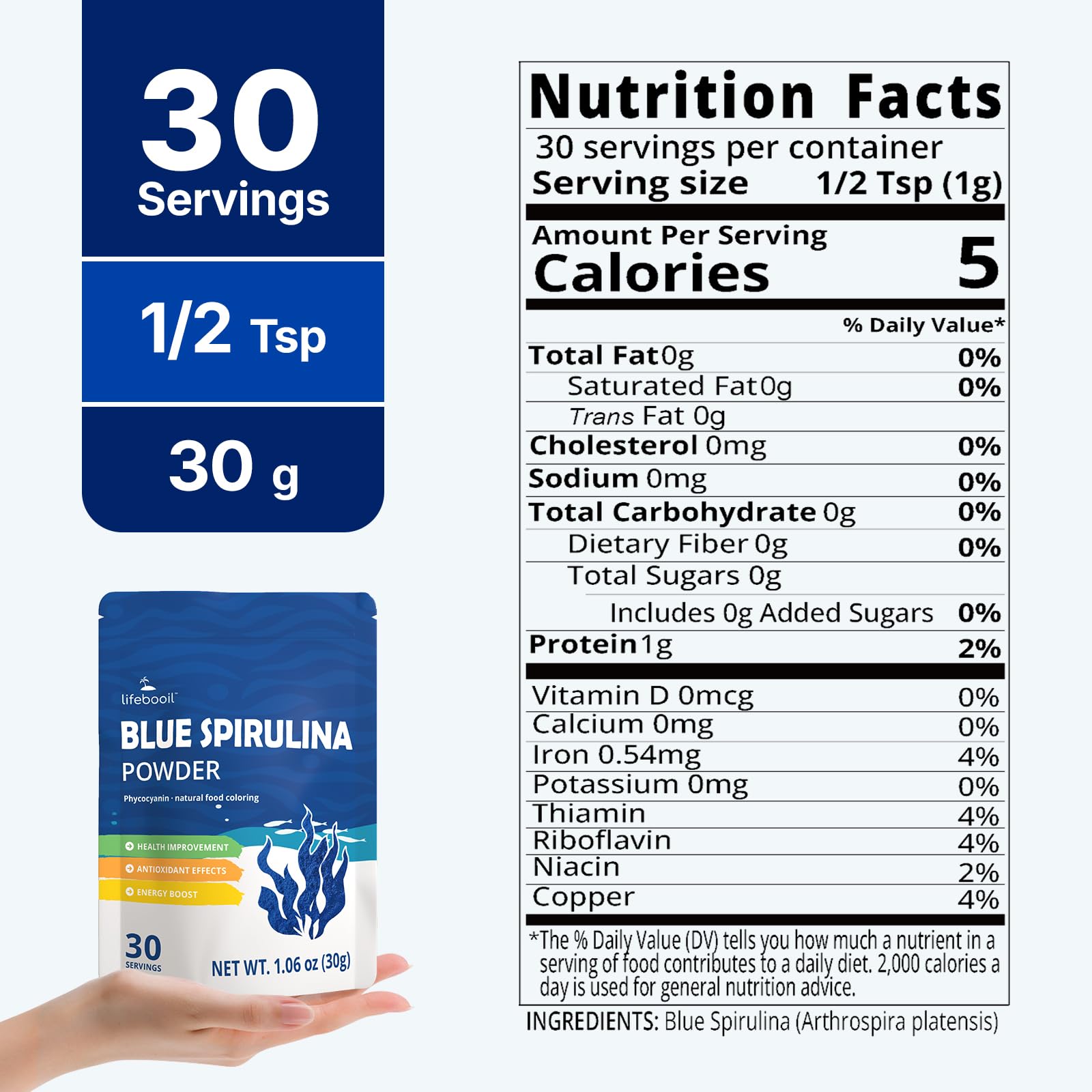 Lifebooil open jar revealing fine blue spirulina powder texture for easy blending
