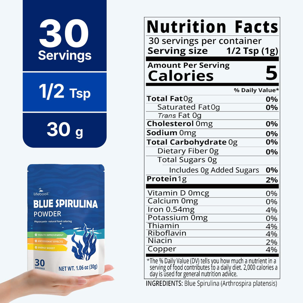 Lifebooil open jar revealing fine blue spirulina powder texture for easy blending