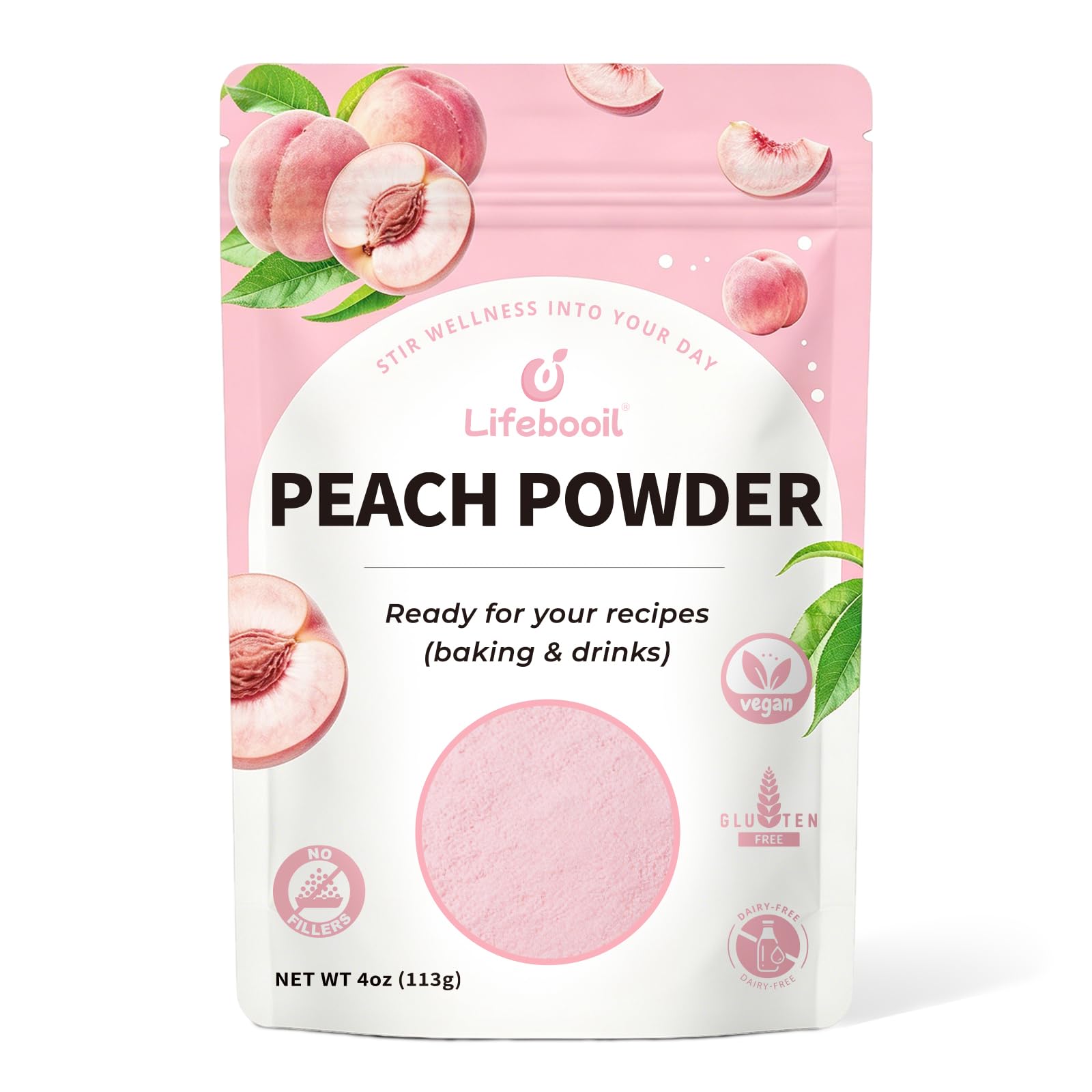 Lifebooil front pouch showing clean packaging and pure peach powder benefit