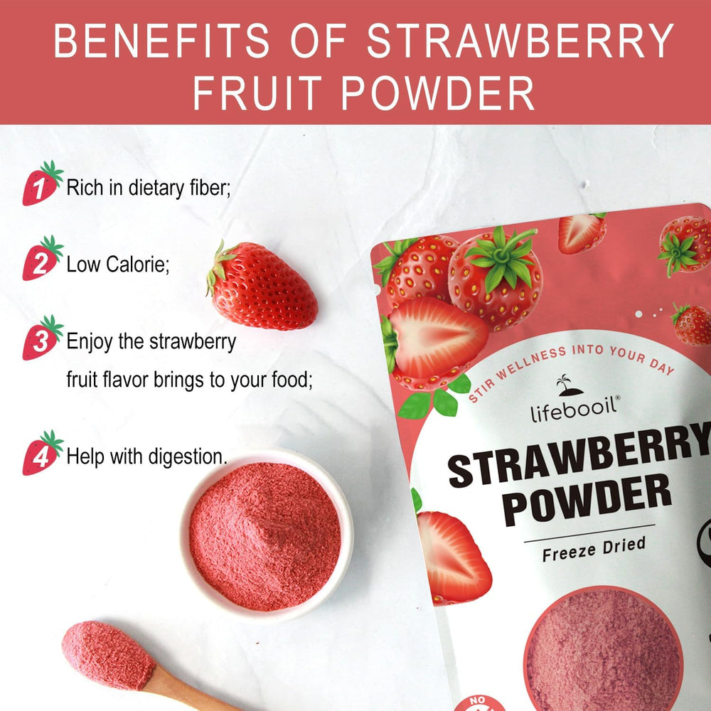 Lifebooil strawberry powder in white bowl ready to mix for recipes