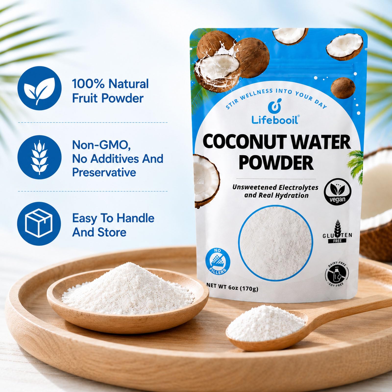 Lifebooil prepared coconut drink in glass with ice for hydration