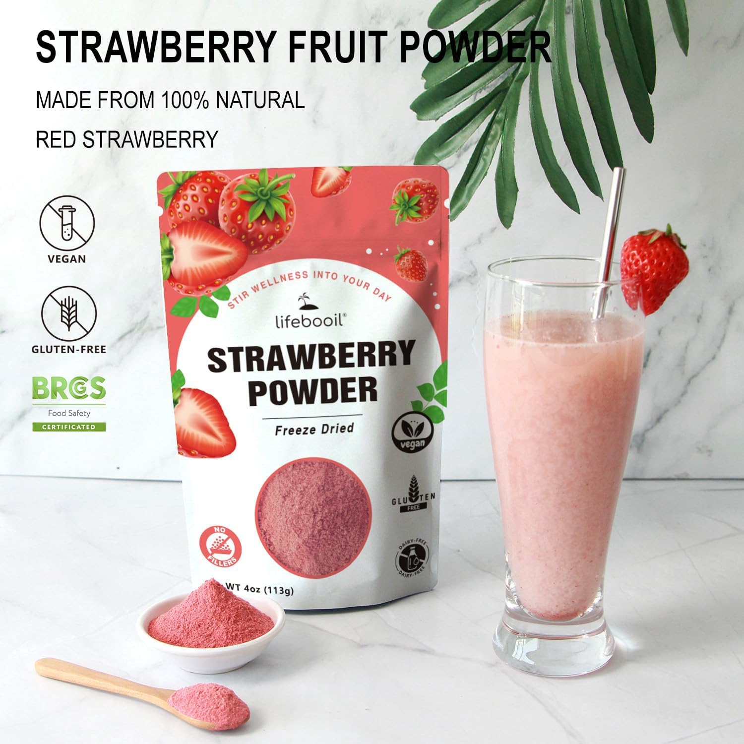 Lifebooil powder blended into a pink smoothie, adding flavor and color