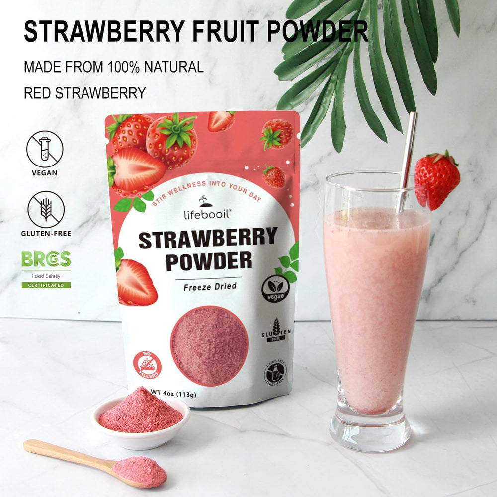 Lifebooil powder blended into a pink smoothie, adding flavor and color