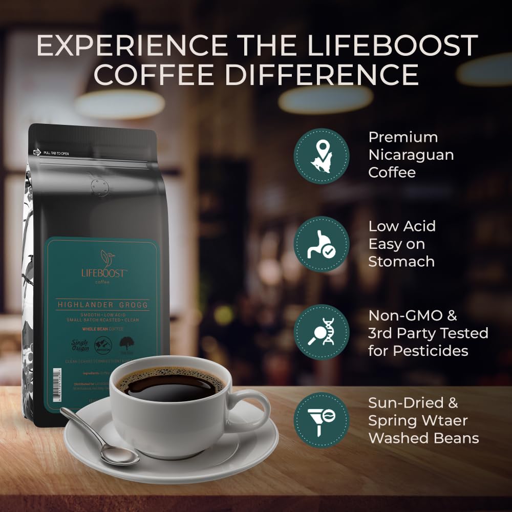 Lifeboost whole bean close-up highlighting roast texture and oil sheen for rich flavor