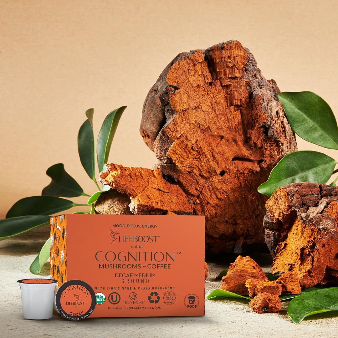 Coffee beans and mushroom powders beside Lifeboost pods for clean ingredients