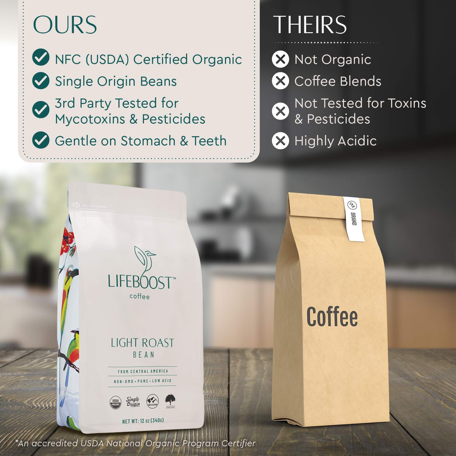 Lifeboost brewed cup and pour‑over setup illustrating clarity and aroma benefit
