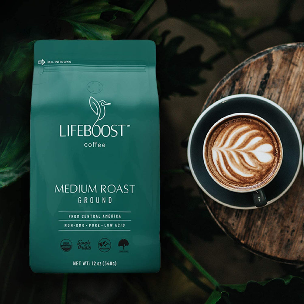 LIFEBOOST close-up of ground coffee texture highlighting smooth, low-acid profile