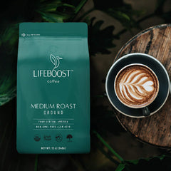 LIFEBOOST close-up of ground coffee texture highlighting smooth, low-acid profile