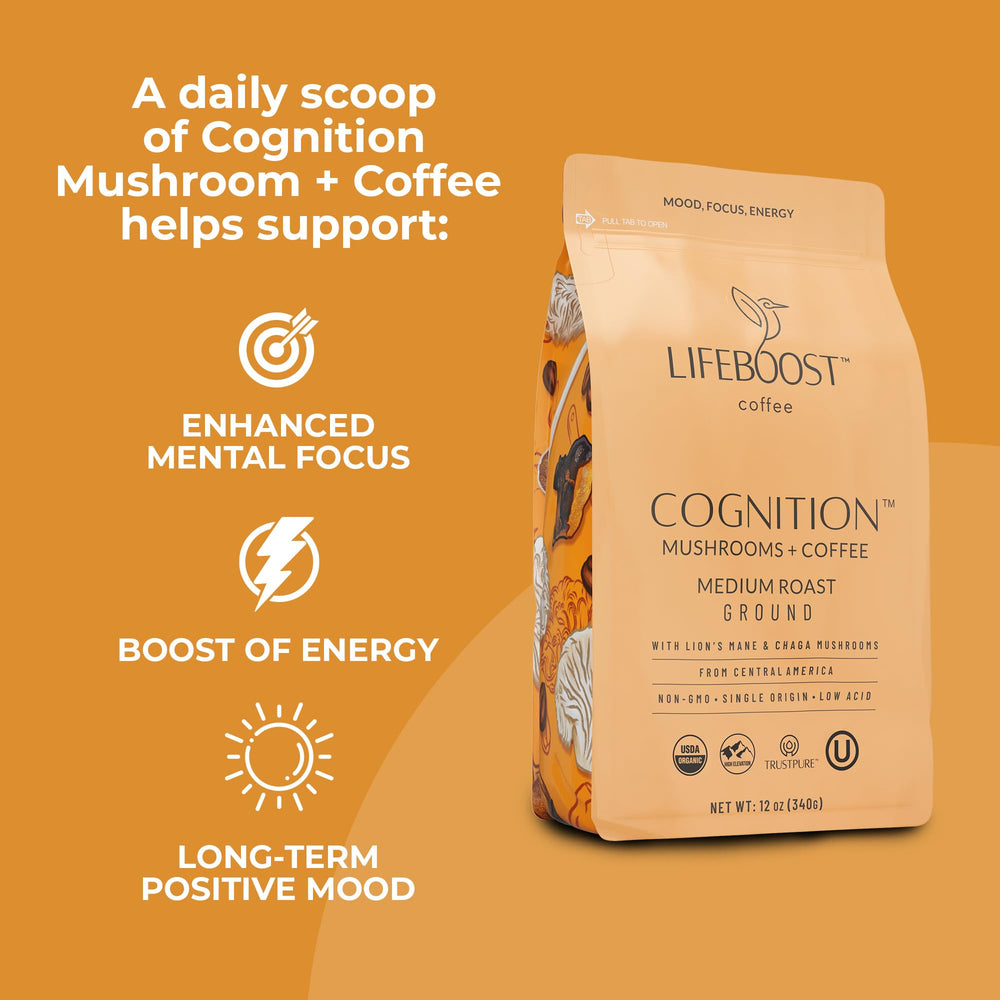 Lifeboost brewed cup top view capturing crema and aroma for a calm, focused start