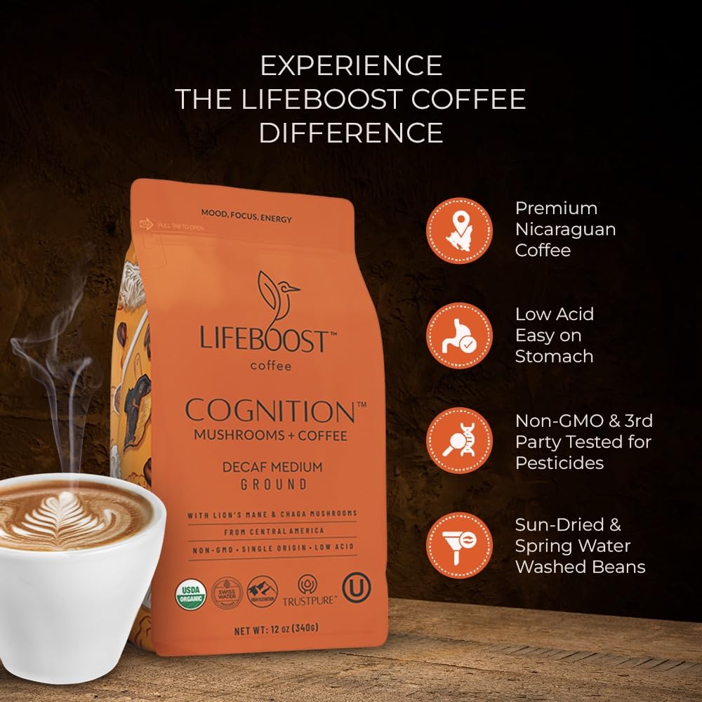 Lifeboost ingredients display with lion’s mane and chaga emphasizing adaptogens