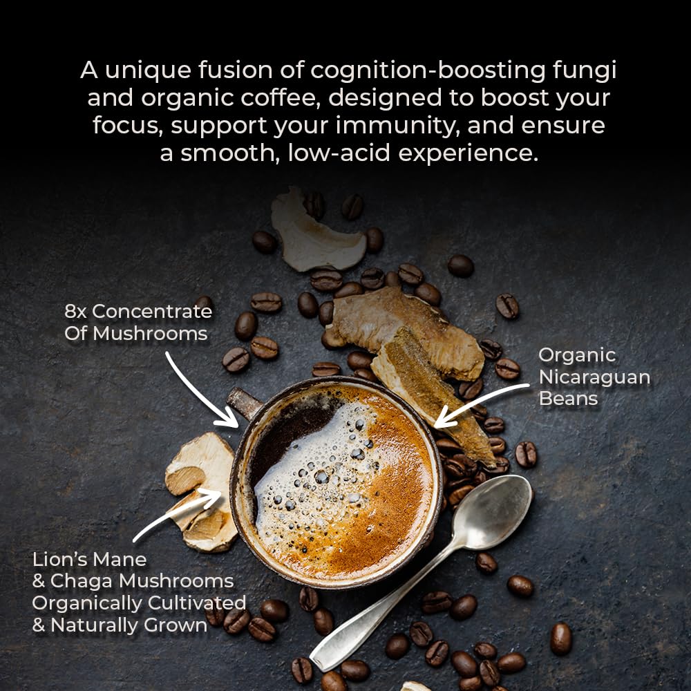 Lifeboost side label highlighting Lion’s Mane and Chaga ingredients for focused energy