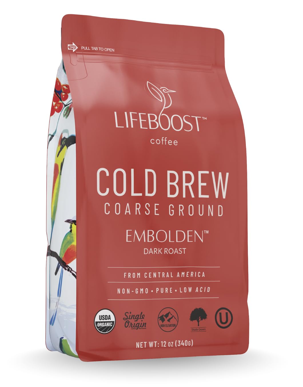 Lifeboost front packaging showing organic label and dark roast benefits