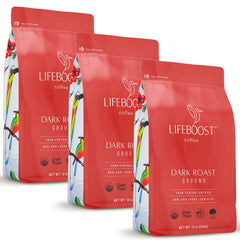 LIFEBOOST front packaging showing dark roast three-pack and clear branding benefit: premium organic coffee