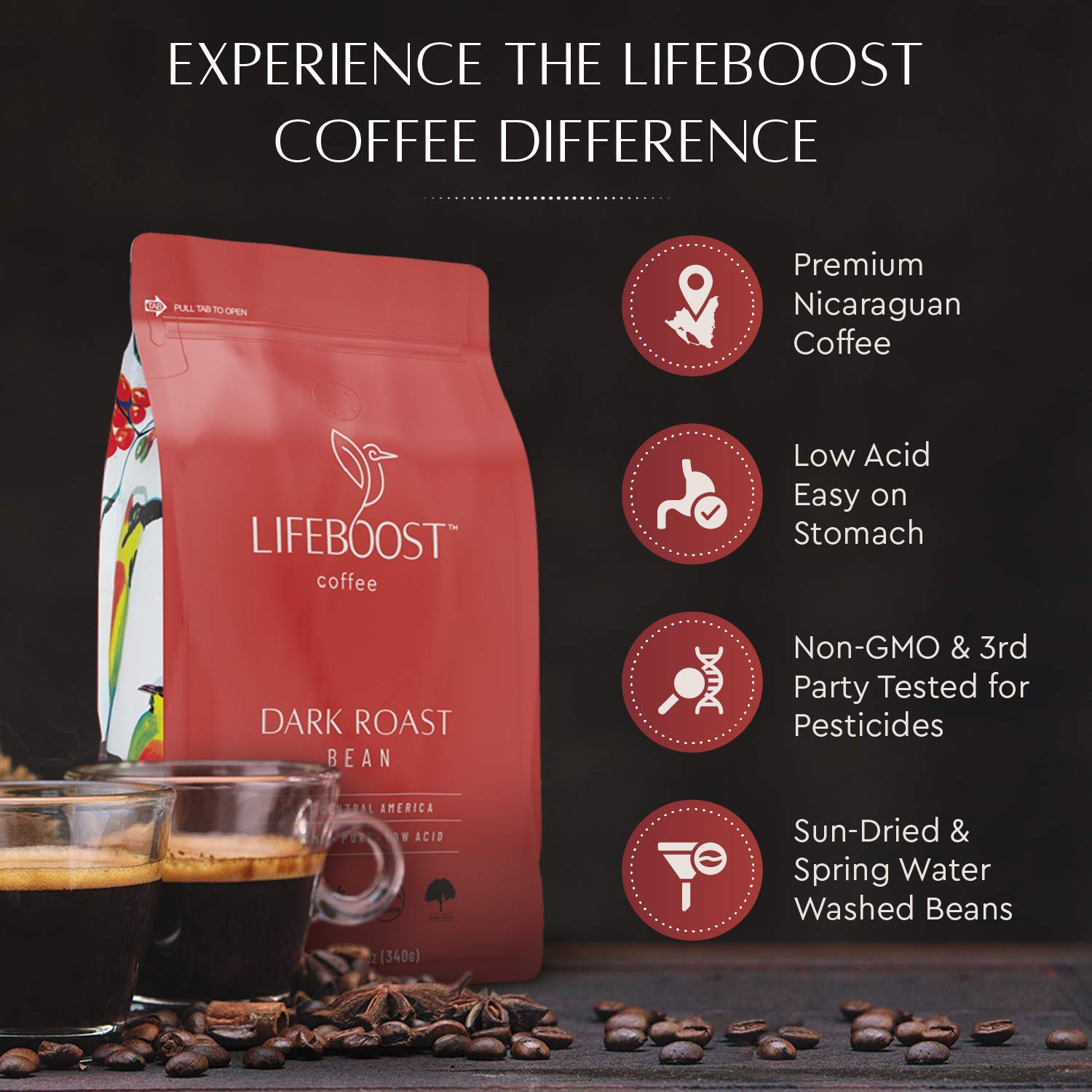 LIFEBOOST label close-up showing organic and third-party certifications