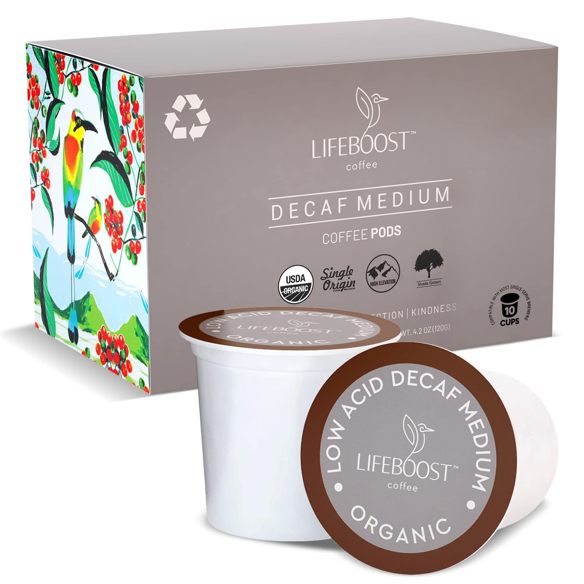 LIFEBOOST front box of decaf K-Cups showing branding and benefits