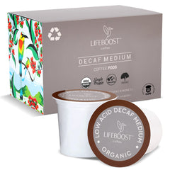LIFEBOOST front box of decaf K-Cups showing branding and benefits