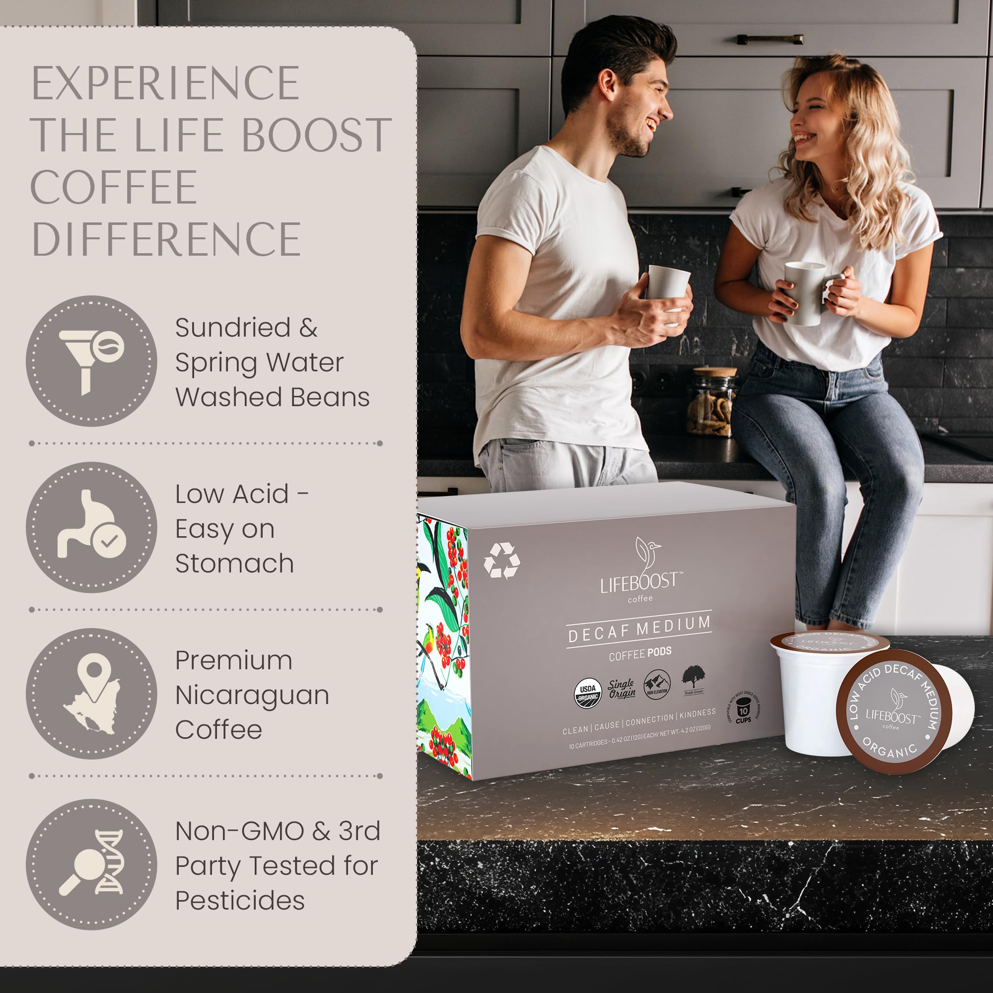 close-up LIFEBOOST decaf pod highlighting pod seal for freshness