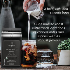 Lifeboost ground espresso texture displayed for quick brewing convenience