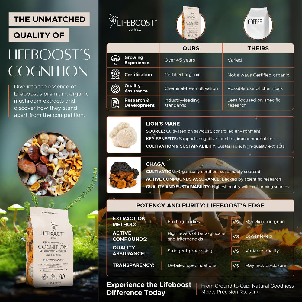 LIFEBOOST cup of French vanilla mushroom coffee beside breakfast showing daily ritual