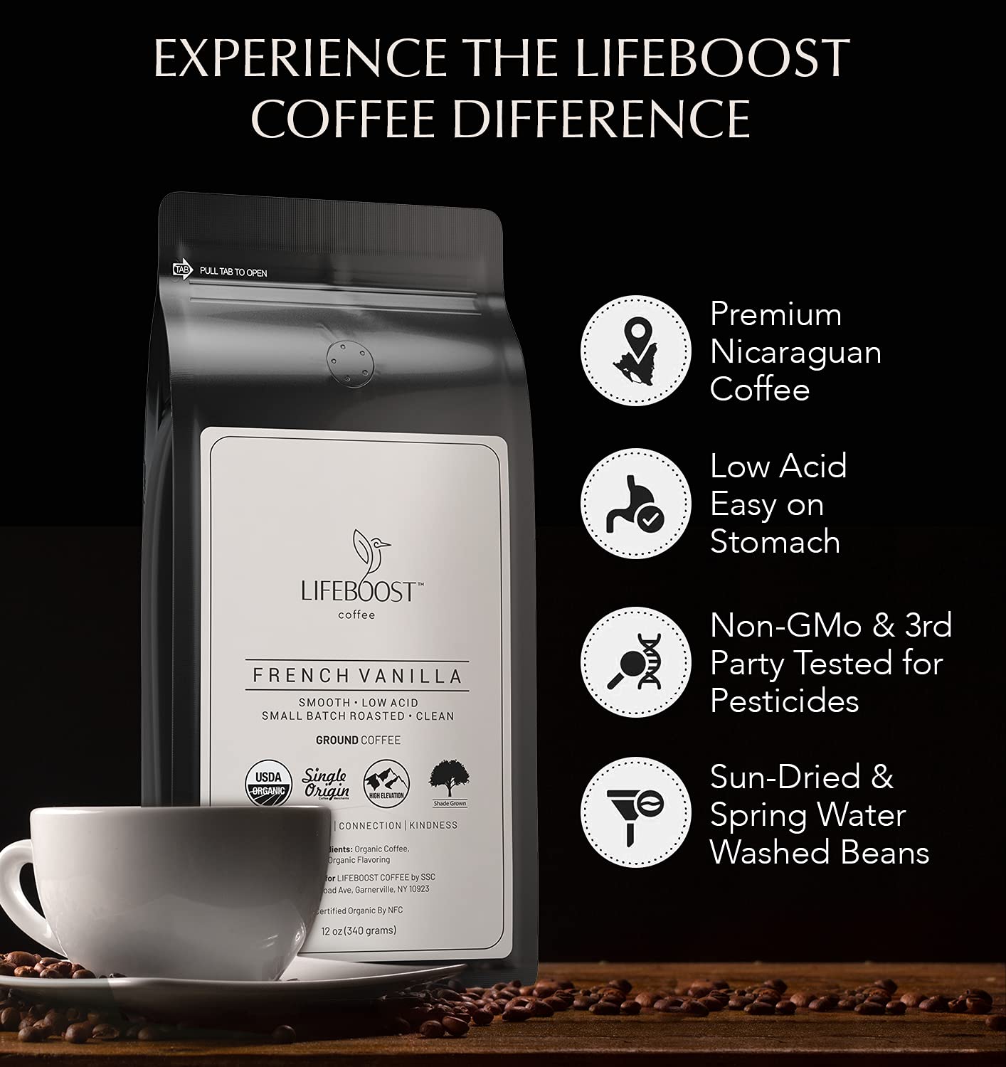 Lifeboost label with organic and third-party testing badges visible