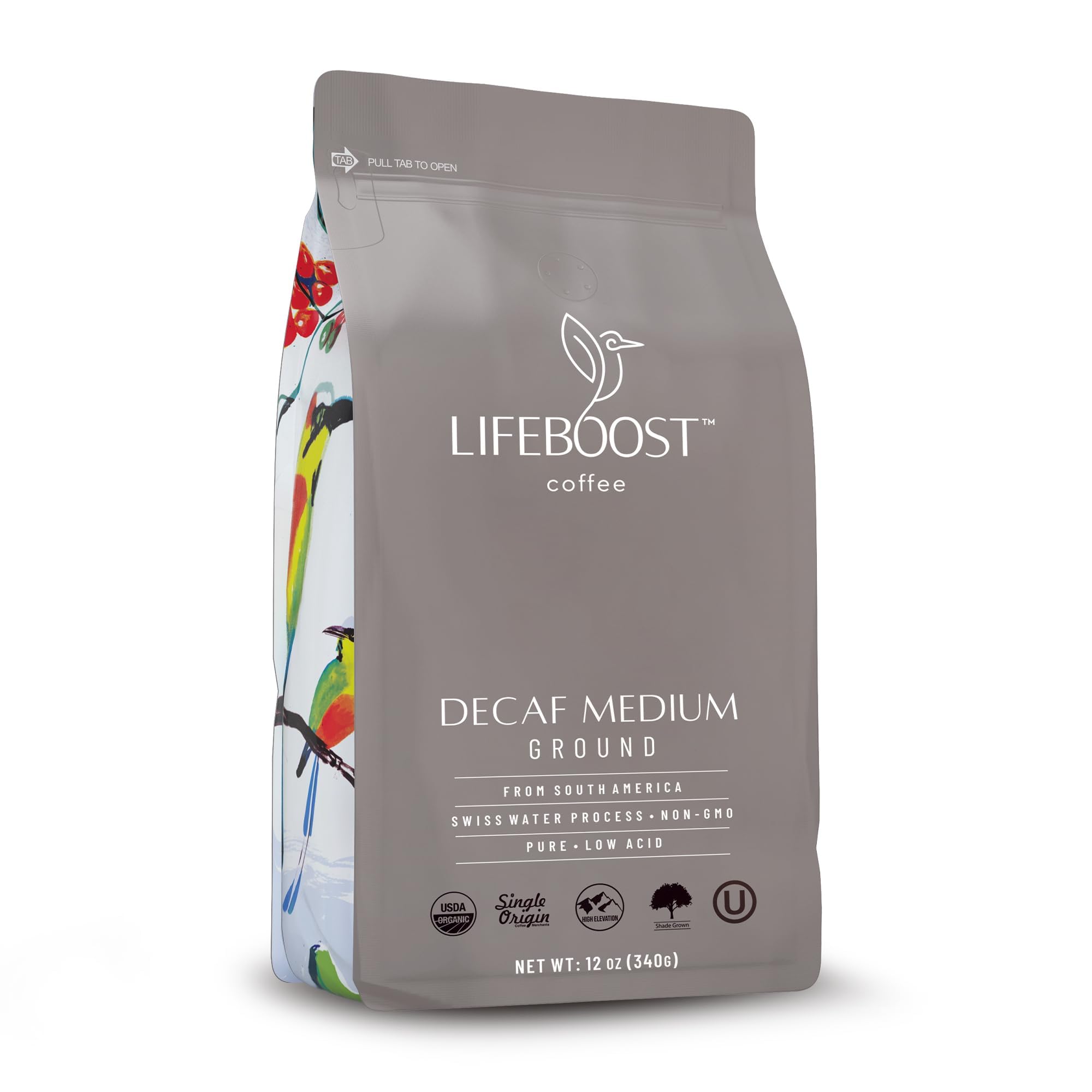 Lifeboost front package showing organic label and benefit of clean decaf